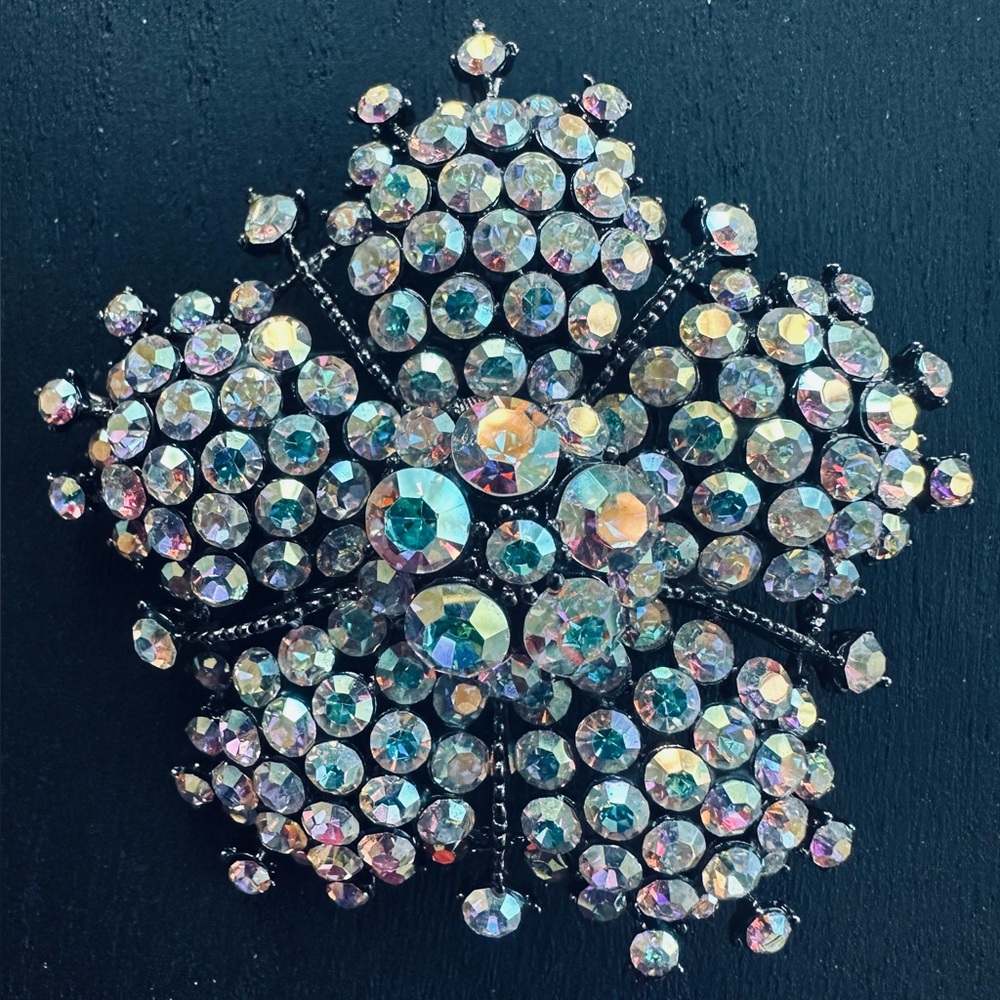 VINTAGE Iridescent Rhinestone in Dark Pewter Snowflake Brooch
